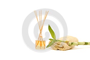 Spa towel, fragrance sticks and bamboo photo