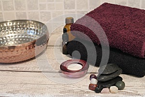 Spa towels salon treatment setup hot stones chakra therapy