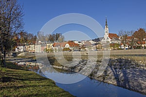Spa town bad tolz and isar river in autumn