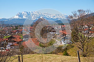 Spa town wallgau at early springtime, view to wetterstein mountains, bavaria