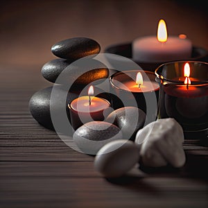 Spa treatment burning candles and stones