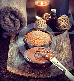 Spa treatment. Chocolate mask, bath salt, brown sugar scrub