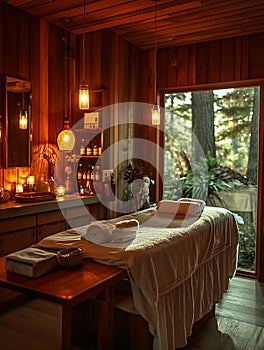 spa treatment room with massage table