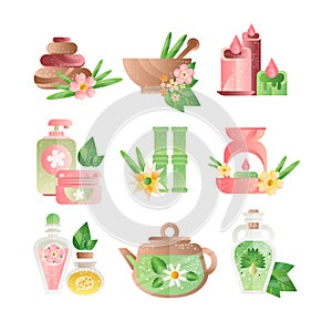 Spa treatment symbols set, basalt stones, aromatic oils, lotions, candles vector Illustrations on a white background