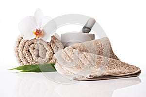 Spa treatment towel orchid pestle and mortar