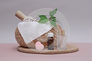 spa treatments, bathroom accessories, wooden box filled massage set, jars for skin and body care, healthy concept, background