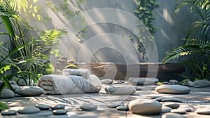 Spa treatments concept design. Still life that combines the softness of towels, rocks and leaves