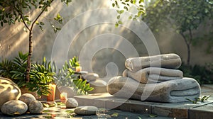 Spa treatments concept design. Still life that combines the softness of towels, rocks and leaves