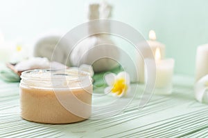 Spa treatments set on wooden background