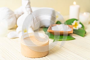 Spa treatments set on wooden background
