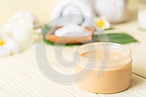 Spa treatments set on wooden background