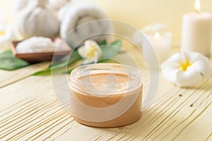 Spa treatments set on wooden background