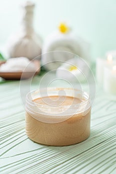 Spa treatments set on wooden background