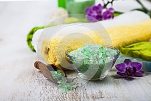 Spa treatments on wooden table.