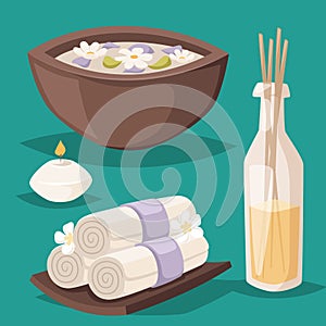 Spa vector icons treatment beauty procedures wellness spa-massage herbal cosmetics aroma spa stones towels and lotus