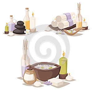 Spa vector icons treatment beauty procedures wellness spa-massage herbal cosmetics aroma spa stones towels and lotus