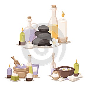 Spa vector icons treatment beauty procedures wellness spa-massage herbal cosmetics aroma spa stones towels and lotus