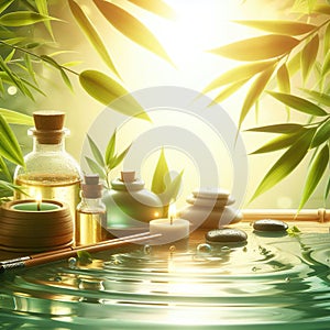 spa water baboo leaf steam space for your text background - ai generated