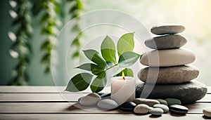 spa and wellness concept. stack of massage stones and towels with green plant on white wooden table. Generative AI