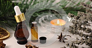 Spa and wellness - organic essential oils with aromatic plants and candle