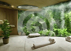 Spa and wellness room with massage  and sauna surrounded by green plants