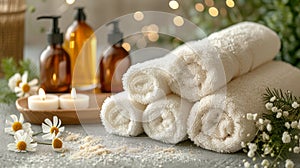 Spa Wellness Setting with Candles, Towels, and Flowers