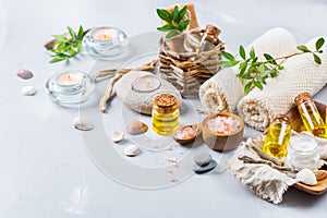 Spa wellness setting concept, background with essential oil soap cream