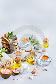 Spa wellness setting concept, background with essential oil soap cream