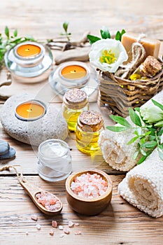 Spa wellness setting concept, background with essential oil soap cream