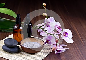 Spa and wellness setting with cosmetic phials stock images