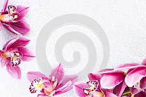 Spa and wellness setting with orchid flower, oil on wooden white background closeup top view