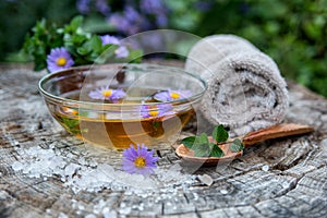 Spa and wellness setting with sea salt, oil essence, flowers and towels isolated. Relax and treatment therapy photo