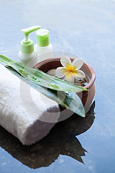 Spa or wellness setting with tropical flower, bowl of water, towel and cream tube on dark background