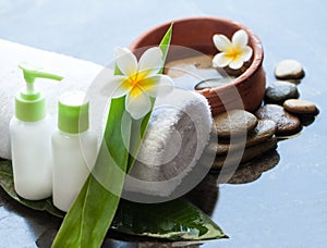 Spa or wellness setting with tropical flowers