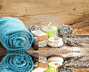 Spa and Wellness Setting Water Reflection with Towels,Candle, Na
