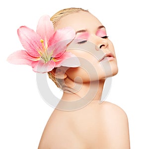 Spa, wellness, skin care. Beauty with pink make-up