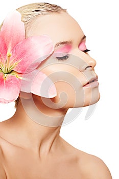 Spa, wellness, skin care. Woman with pink make-up