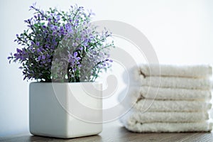 Spa. White Cotton Towels Use In Spa Bathroom. Towel Concept. Photo For Hotels and Massage Parlors. Purity and Softness