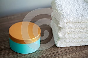 Spa. White Cotton Towels Use In Spa Bathroom. Towel Concept. Photo For Hotels and Massage Parlors. Purity and Softness