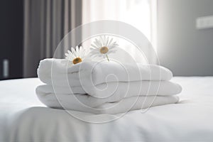 spa window towel bath welcome bed flower bedchamber modern comfortable. Generative AI.