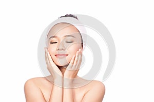 Spa Woman. Beautiful Girl After Bath Touching Her Face. Perfect Skin. Skincare. Young Skin