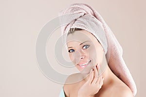 Spa Woman. Beautiful Girl After Bath Touching Her Face. Perfect Skin. Skincare. Young Skin.