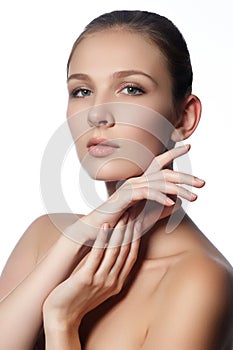 Spa woman. Natural beauty face. Beautiful girl touching her face