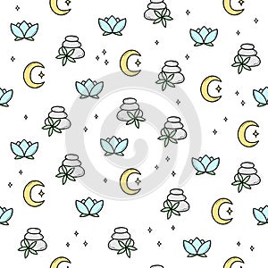 Spa and zen pattern with stones, lotus and moon in white. Vector illustration