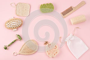 Spa, zero waste composition on pink background. Skin care, body treatment, beauty concept