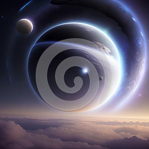 space above blue planet in distant solar system. Fantastic space background. UFO approaches. Ai generated