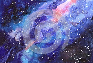 Space abstract hand painted watercolor background. Texture of night sky. Milky way.