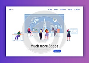 Space Administration Office Landing Page. Character Work on Aeronautics and Aerospace Research. Engineer Construct Rocket