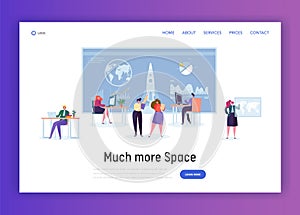 Space Administration Office Landing Page. Character Work on Aeronautics and Aerospace Research. Engineer Construct Rocket photo