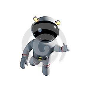 Cute cartoon astronaut character in white space suit is weightless in zero gravity space 3d illustration, isolated on white backg